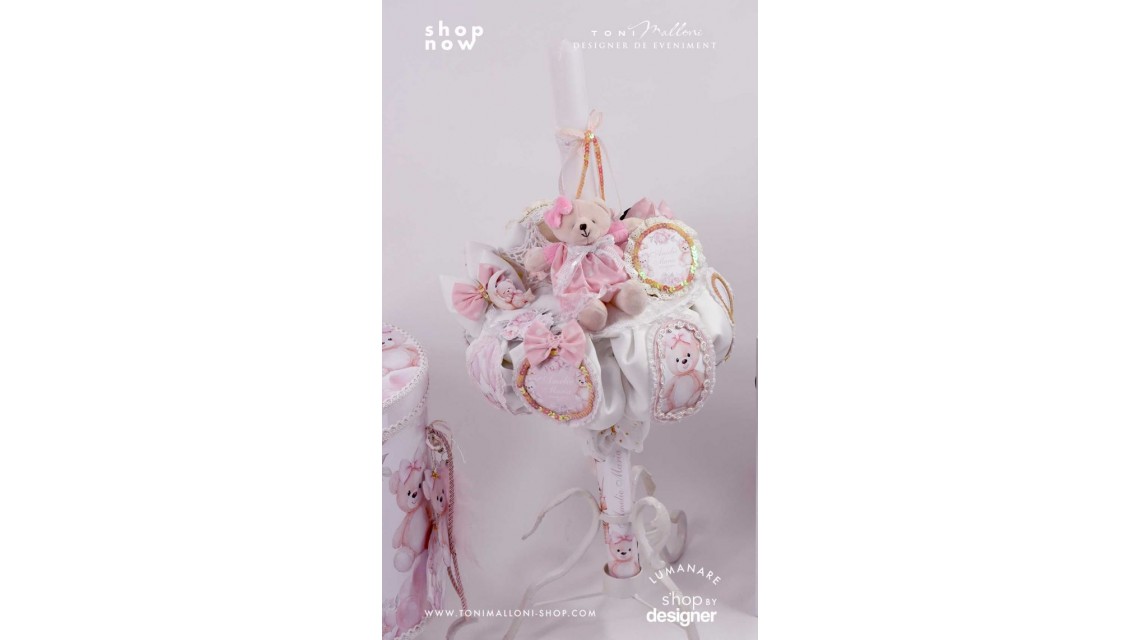 Lumanare de botez roz pal cu ursuleti de plus Teddy Bear Pink 2024 1